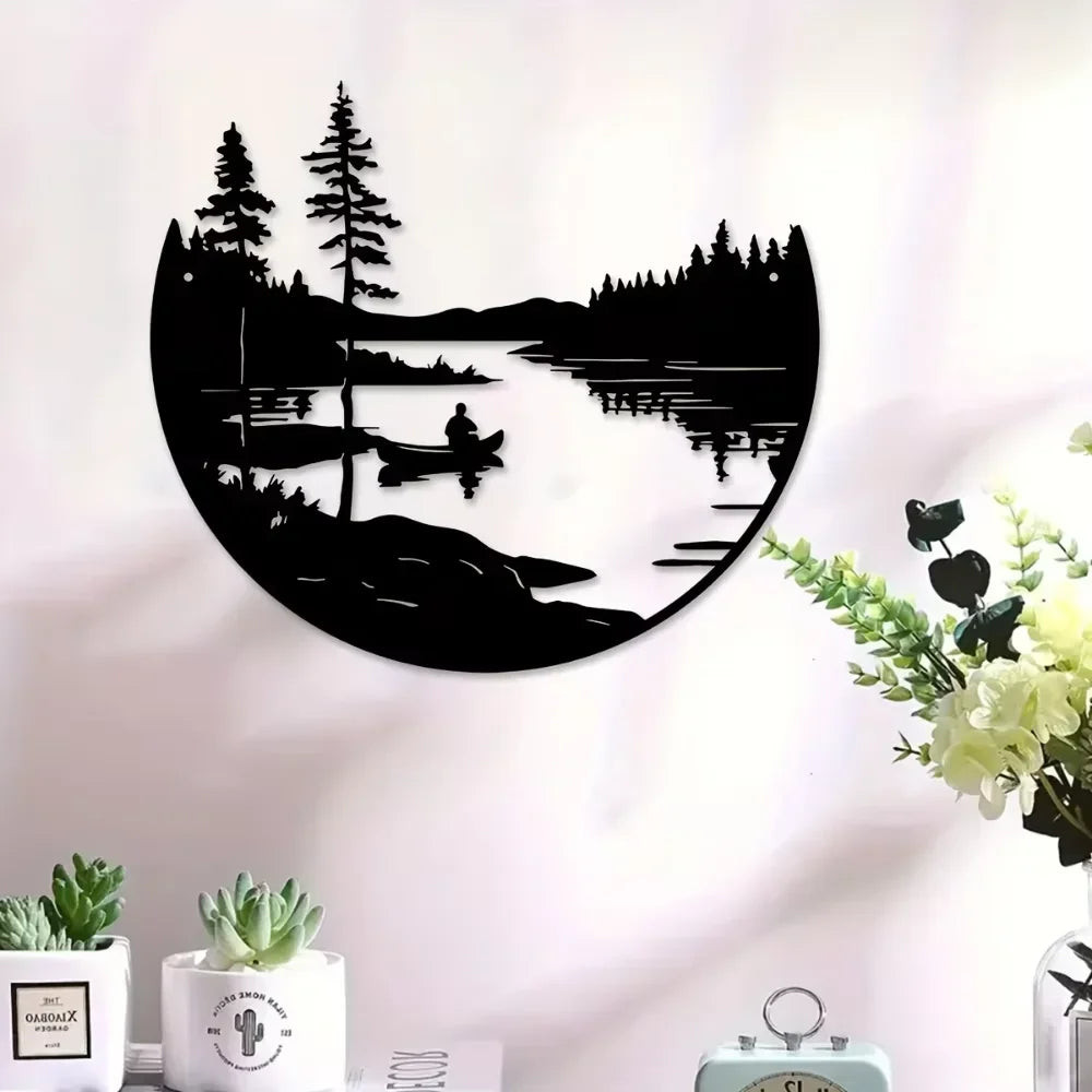 Bohemian-Inspired Metal Wall Art: Scenic Lake & Mountain Silhouette Round Sculpture for Elegant Home and Patio Decor