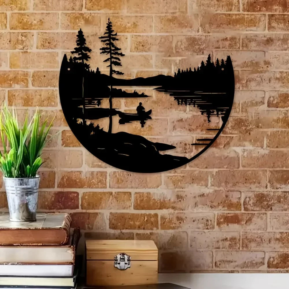 Bohemian-Inspired Metal Wall Art: Scenic Lake & Mountain Silhouette Round Sculpture for Elegant Home and Patio Decor