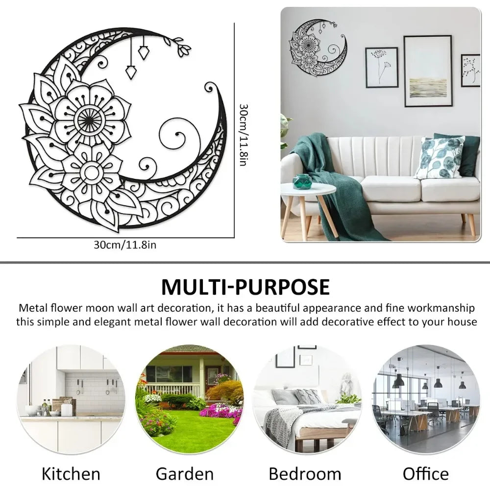 Mandala Flower Moon Metal Wall Art - 11.8-Inch Decorative Hanging Sign for Modern Boho Home Décor, Living Room, Bedroom, and Office Accent Piece