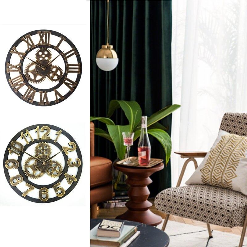 Steampunk Roman Gear Large Wood Wall Clock for Home Bar Cafe Decor