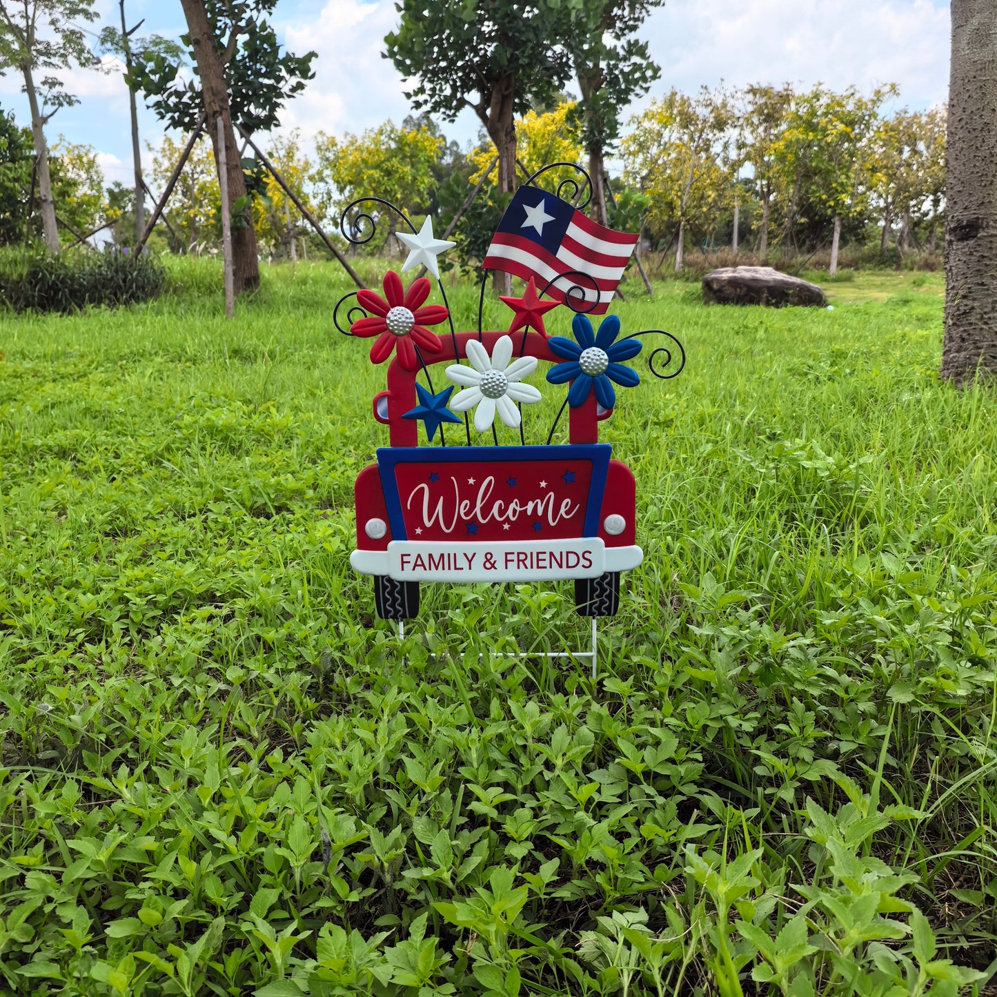 Metallic Red Truck Independence Day Patriotic Garden Yard Stake
