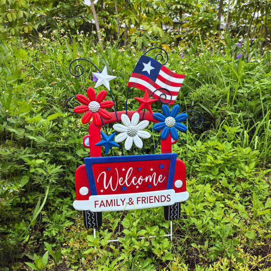 Metallic Red Truck Independence Day Patriotic Garden Yard Stake