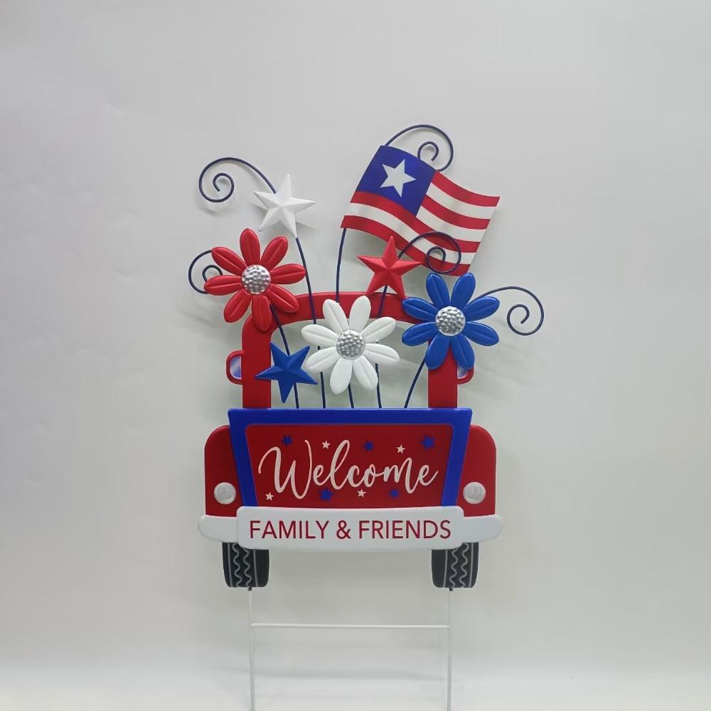 Metallic Red Truck Independence Day Patriotic Garden Yard Stake