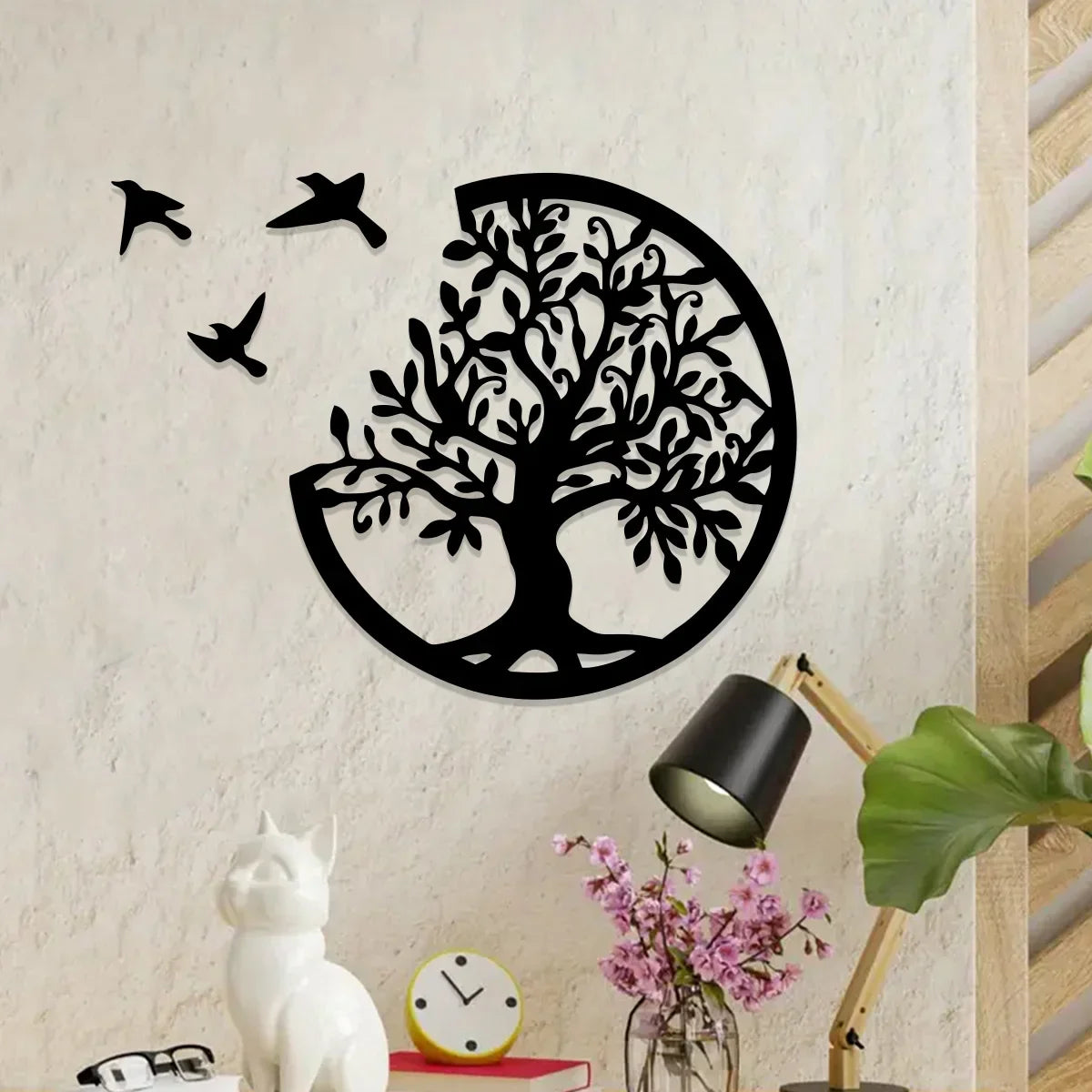 Black Wooden Tree of Life Wall Hanging - Round Bird Silhouette Art Decor for Boho, Witchy, and Modern Indoor Spaces