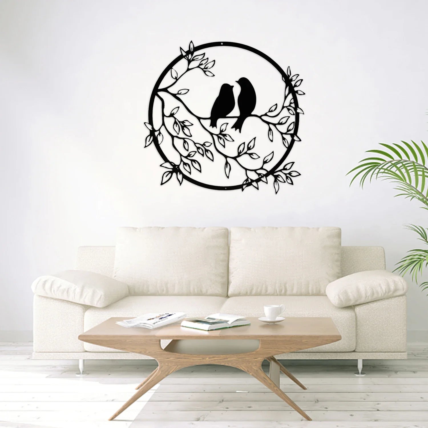 Black Metal Wall Art - Birds on Branch Silhouette Hanging Decor for Living Room, Office, and Garden