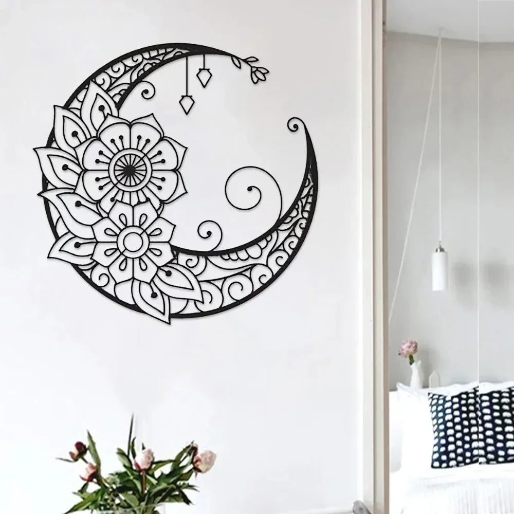 Mandala Flower Moon Metal Wall Art - 11.8-Inch Decorative Hanging Sign for Modern Boho Home Décor, Living Room, Bedroom, and Office Accent Piece