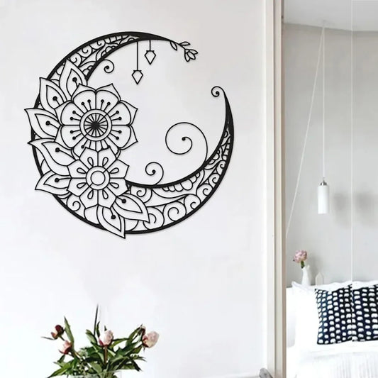 Mandala Flower Moon Metal Wall Art - 11.8-Inch Decorative Hanging Sign for Modern Boho Home Décor, Living Room, Bedroom, and Office Accent Piece