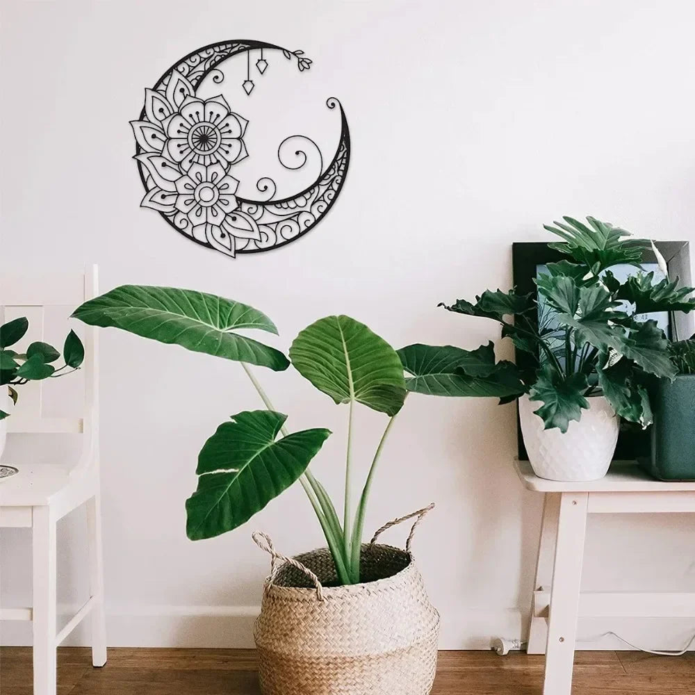 Mandala Flower Moon Metal Wall Art - 11.8-Inch Decorative Hanging Sign for Modern Boho Home Décor, Living Room, Bedroom, and Office Accent Piece