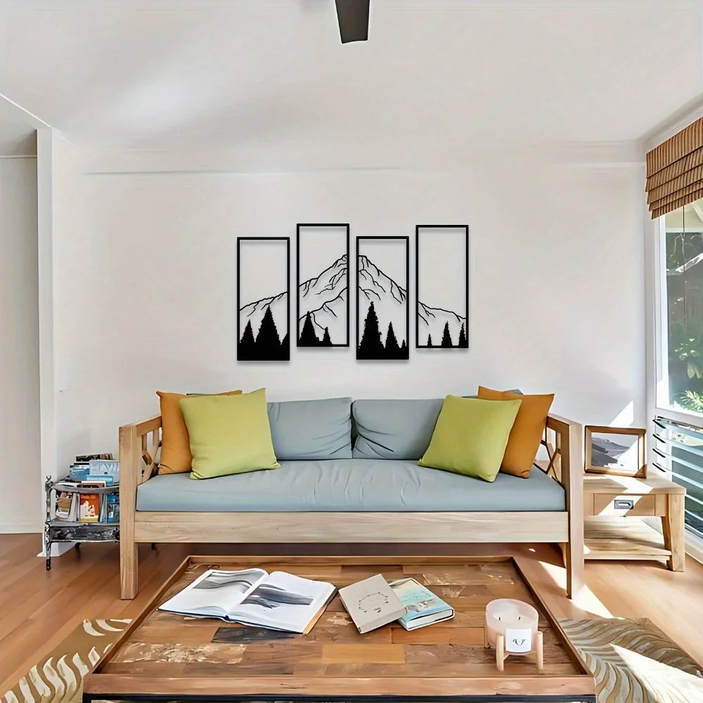 Minimalist Metal Mountain Wall Art Set - 4pcs Modern Geometric Decor for Home, Office, Bedroom & Living Spaces
