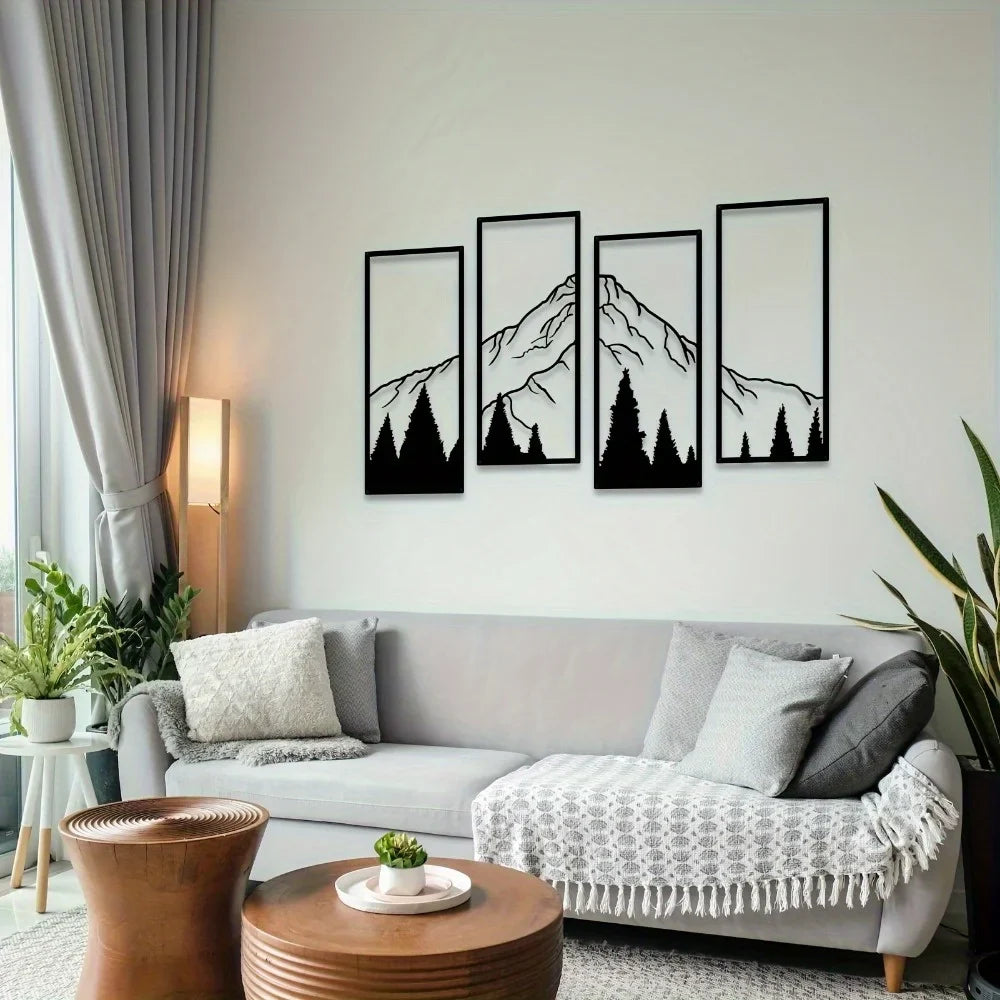 Minimalist Metal Mountain Wall Art Set - 4pcs Modern Geometric Decor for Home, Office, Bedroom & Living Spaces