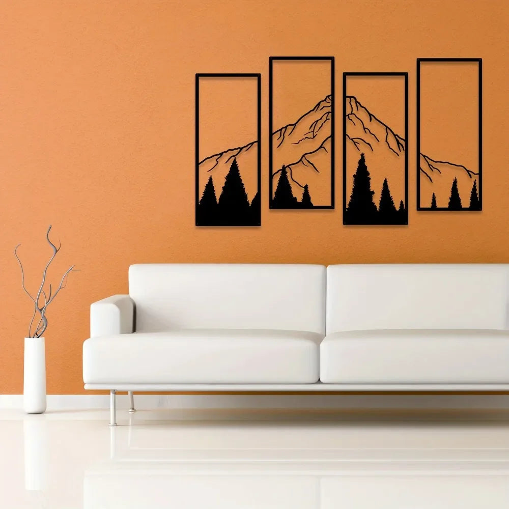Minimalist Metal Mountain Wall Art Set - 4pcs Modern Geometric Decor for Home, Office, Bedroom & Living Spaces