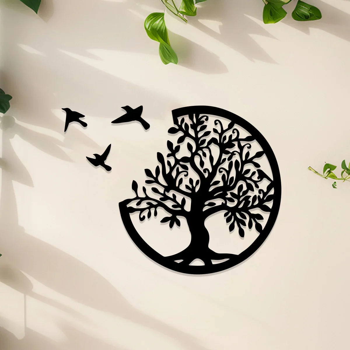 Black Wooden Tree of Life Wall Hanging - Round Bird Silhouette Art Decor for Boho, Witchy, and Modern Indoor Spaces