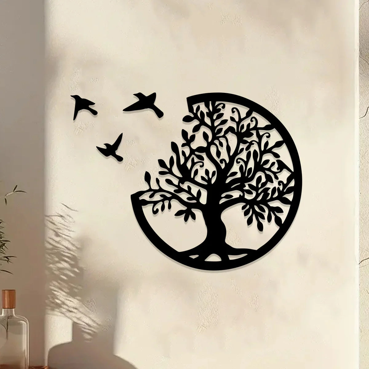 Black Wooden Tree of Life Wall Hanging - Round Bird Silhouette Art Decor for Boho, Witchy, and Modern Indoor Spaces