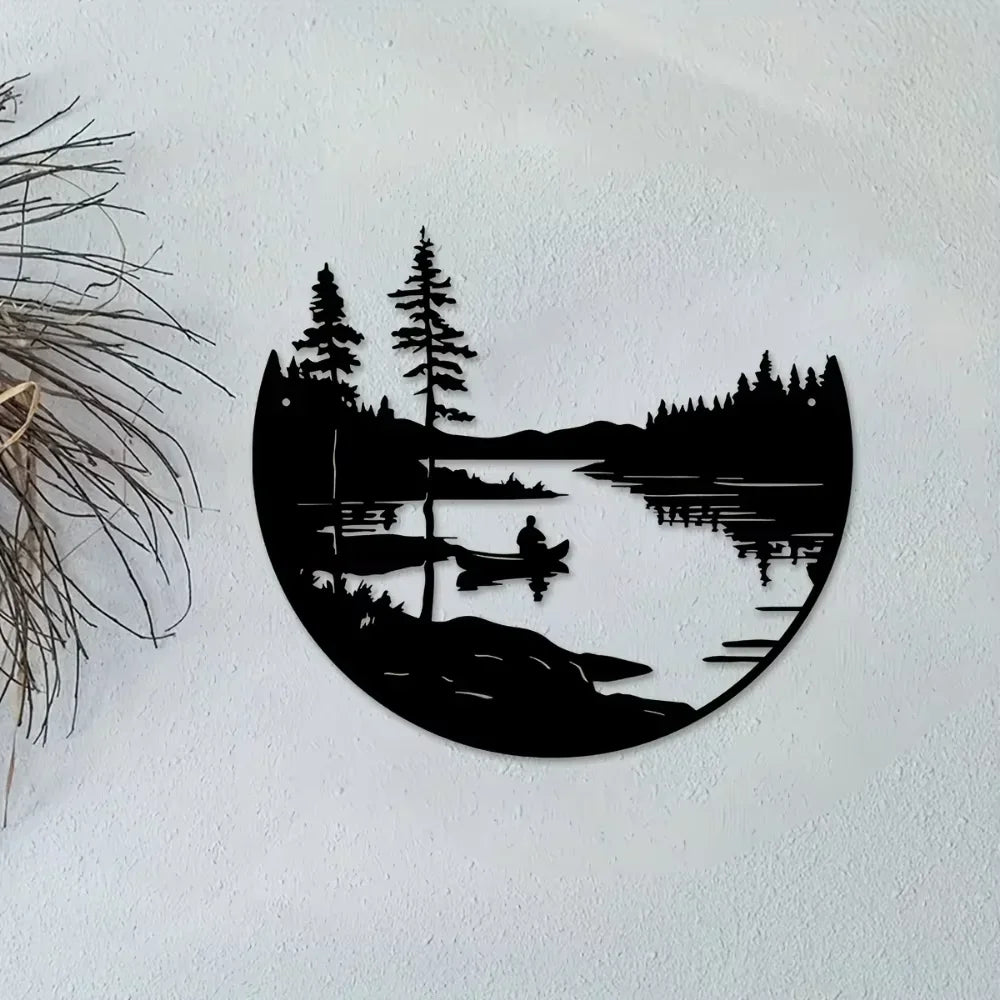 Bohemian-Inspired Metal Wall Art: Scenic Lake & Mountain Silhouette Round Sculpture for Elegant Home and Patio Decor
