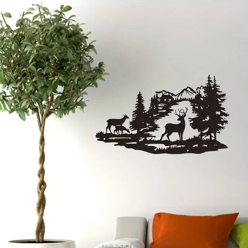 Modern Deer Forest Metal Wall Art - Minimalist Wrought Iron Wall Decor for Home & Office