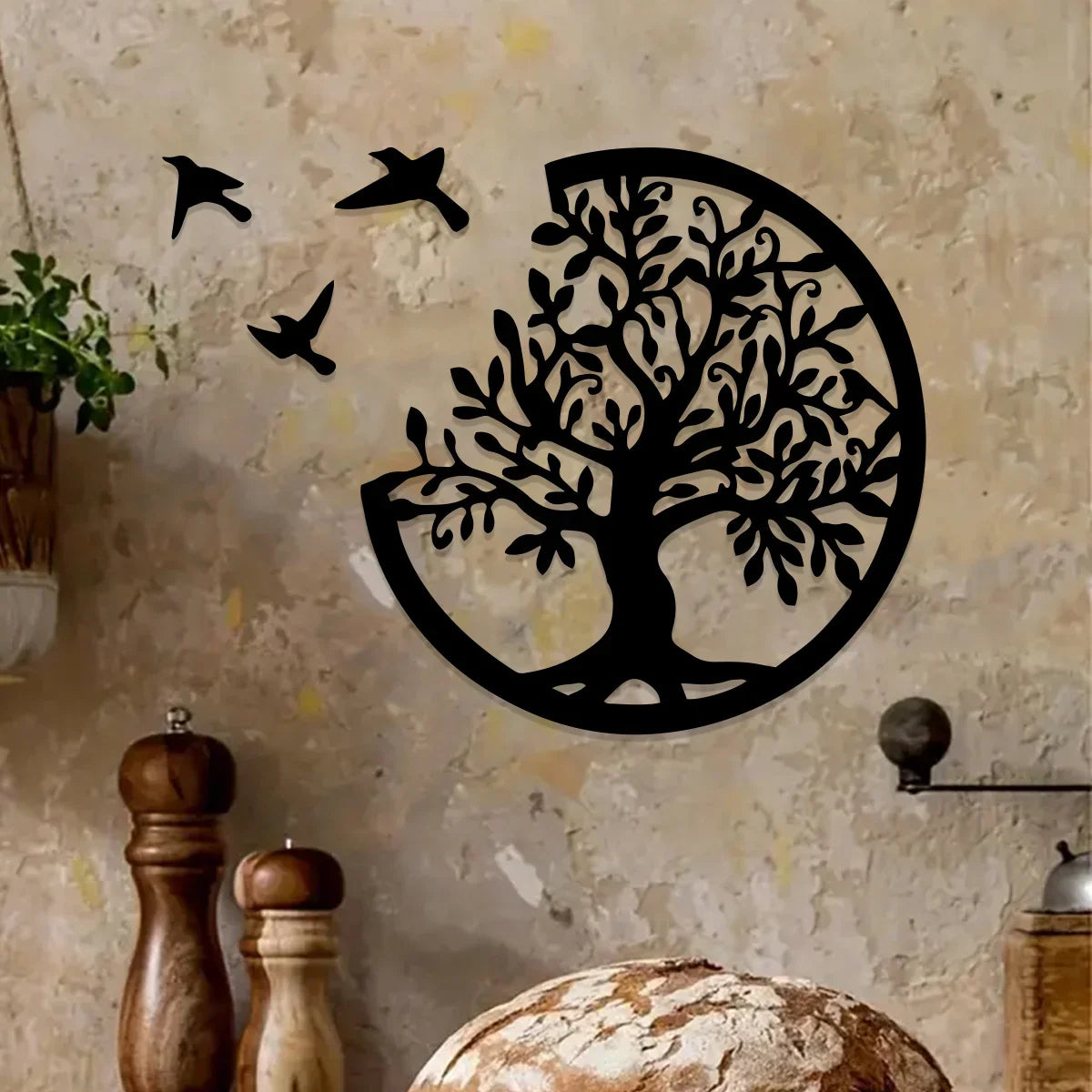 Black Wooden Tree of Life Wall Hanging - Round Bird Silhouette Art Decor for Boho, Witchy, and Modern Indoor Spaces